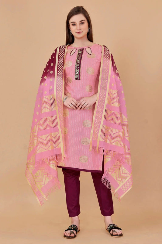 Pink Colour Unstitched Cotton Jacquard Straight Suit US1160882