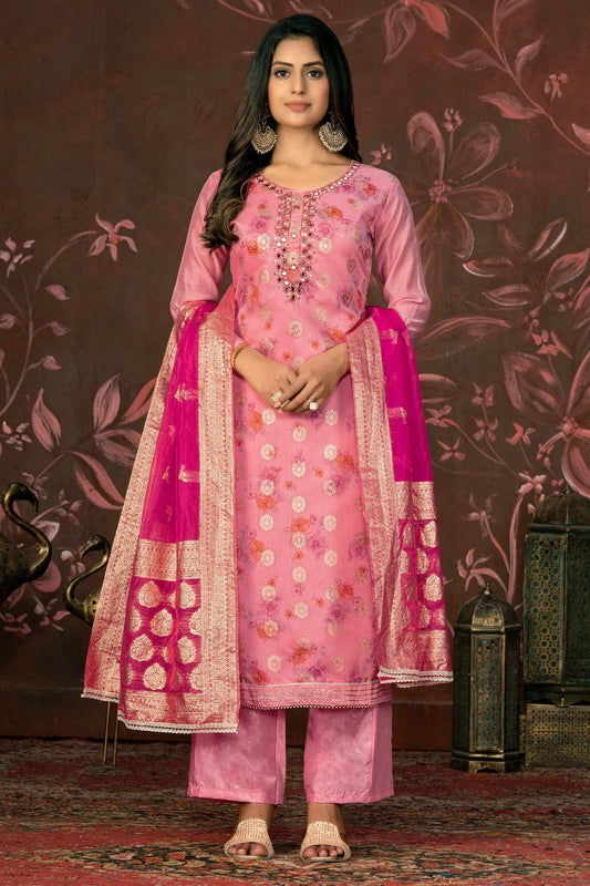 Pink Colour Unstitched Cotton Jacquard Straight Suit US1161270