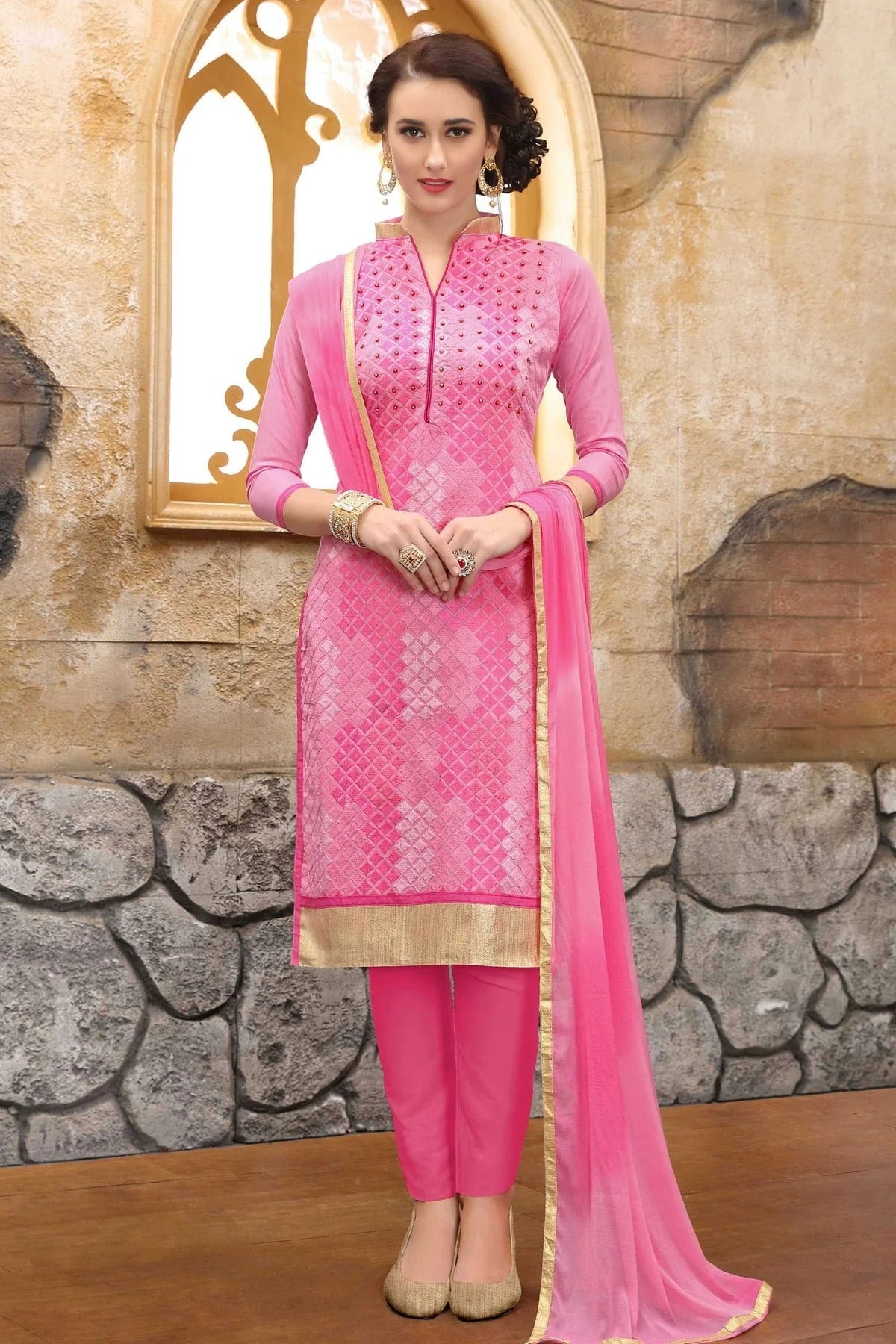 Pink Colour Unstitched Cotton Straight Suit US1161089