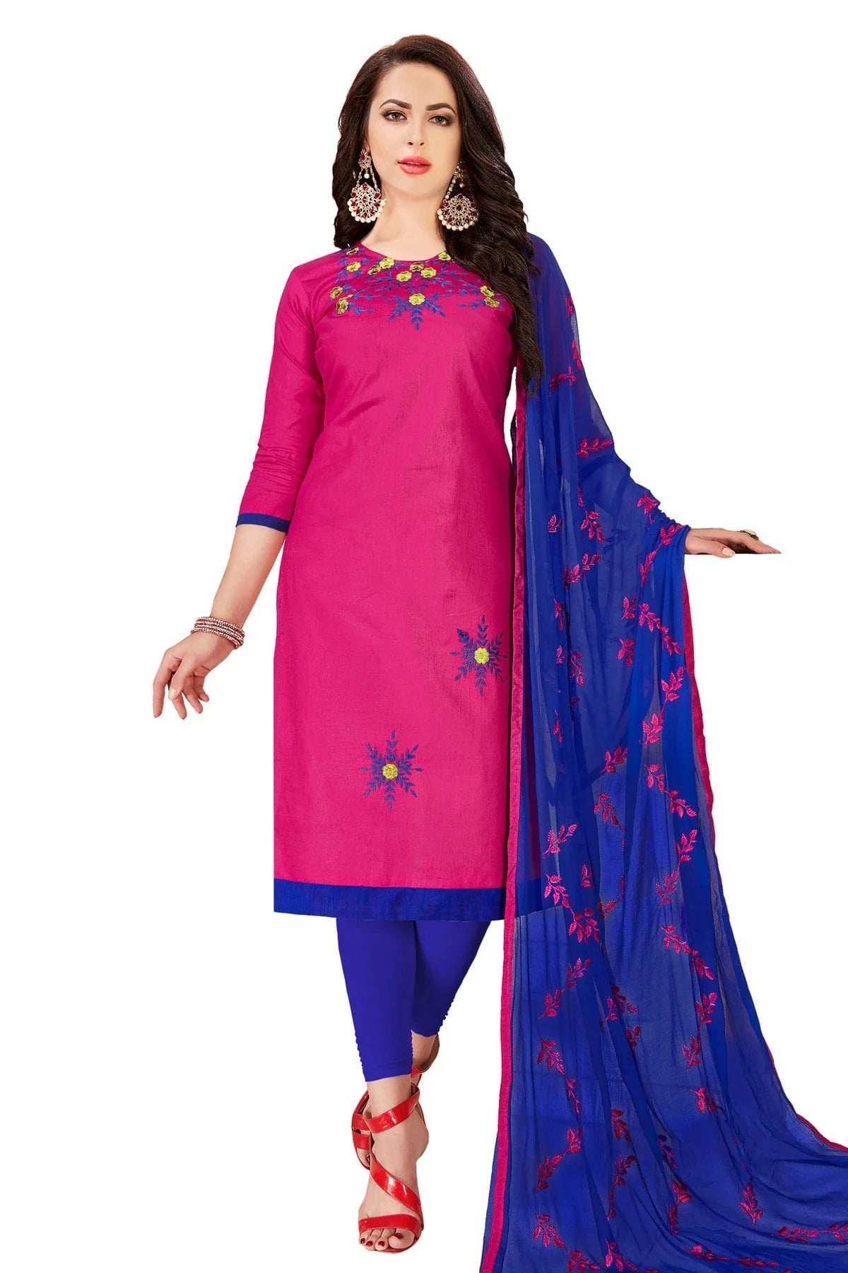 Pink Colour Unstitched Glass Cotton Churidar Suit US1161071