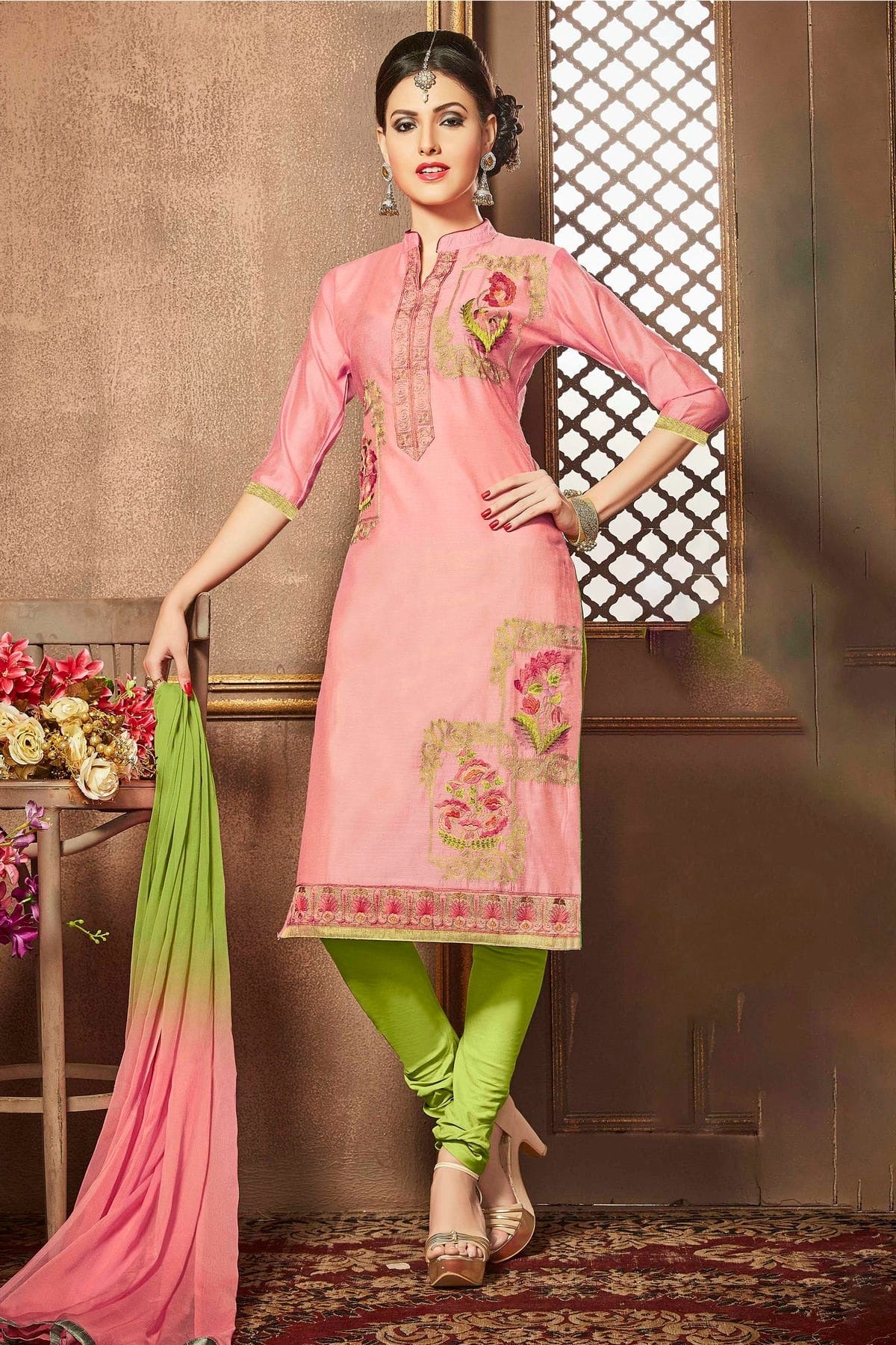 Pink Colour Unstitched Glaze Cotton Churidar Suit US1161190