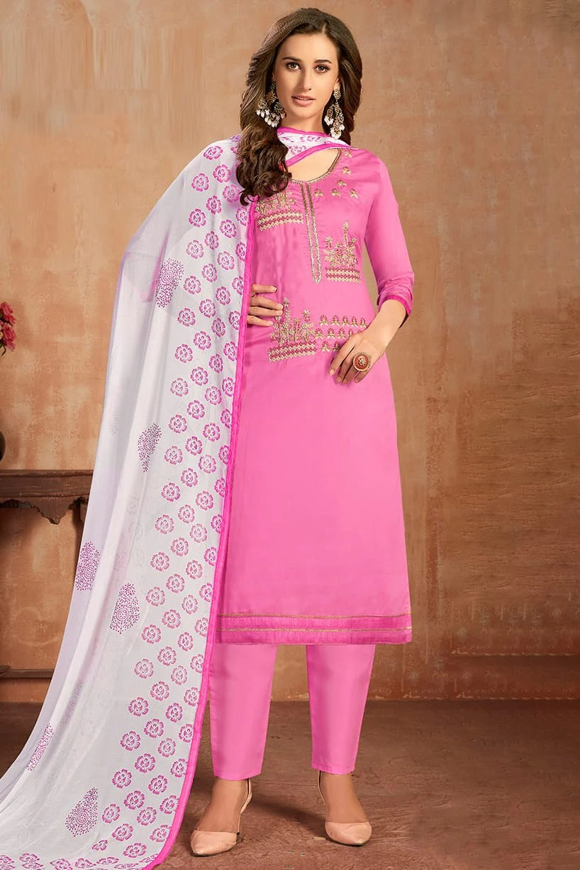 Pink Colour Unstitched Glaze Cotton Pant Style Suit US1161232