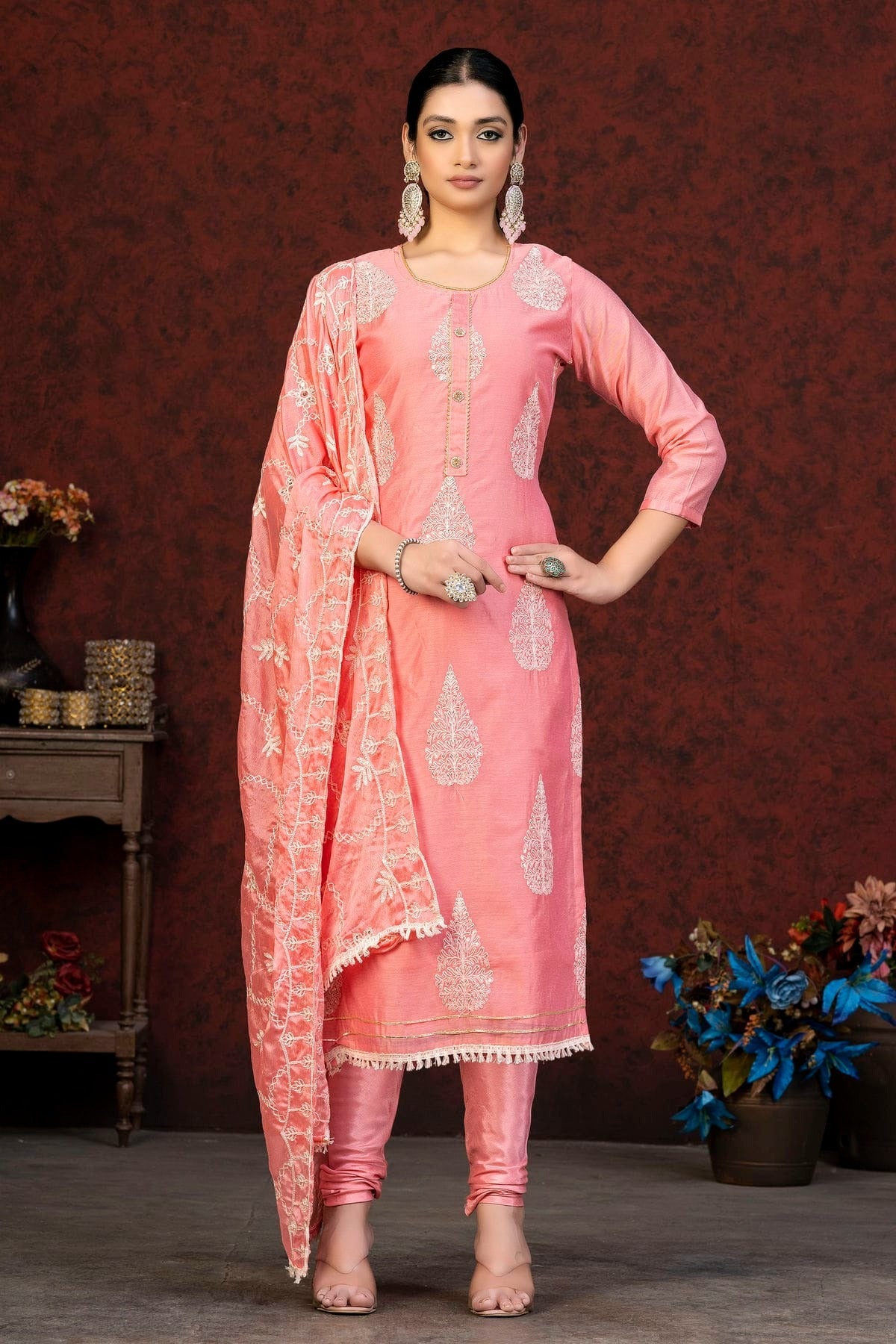 Pink Colour Unstitched Modal Chanderi Churidar Suit US1161062