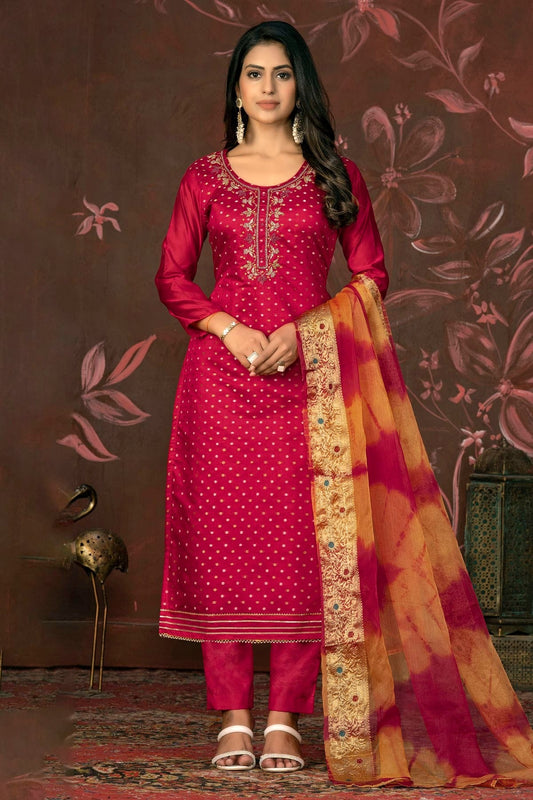 Pink Colour Unstitched Modal Cotton Jacquard Pant Style Suit US1161280