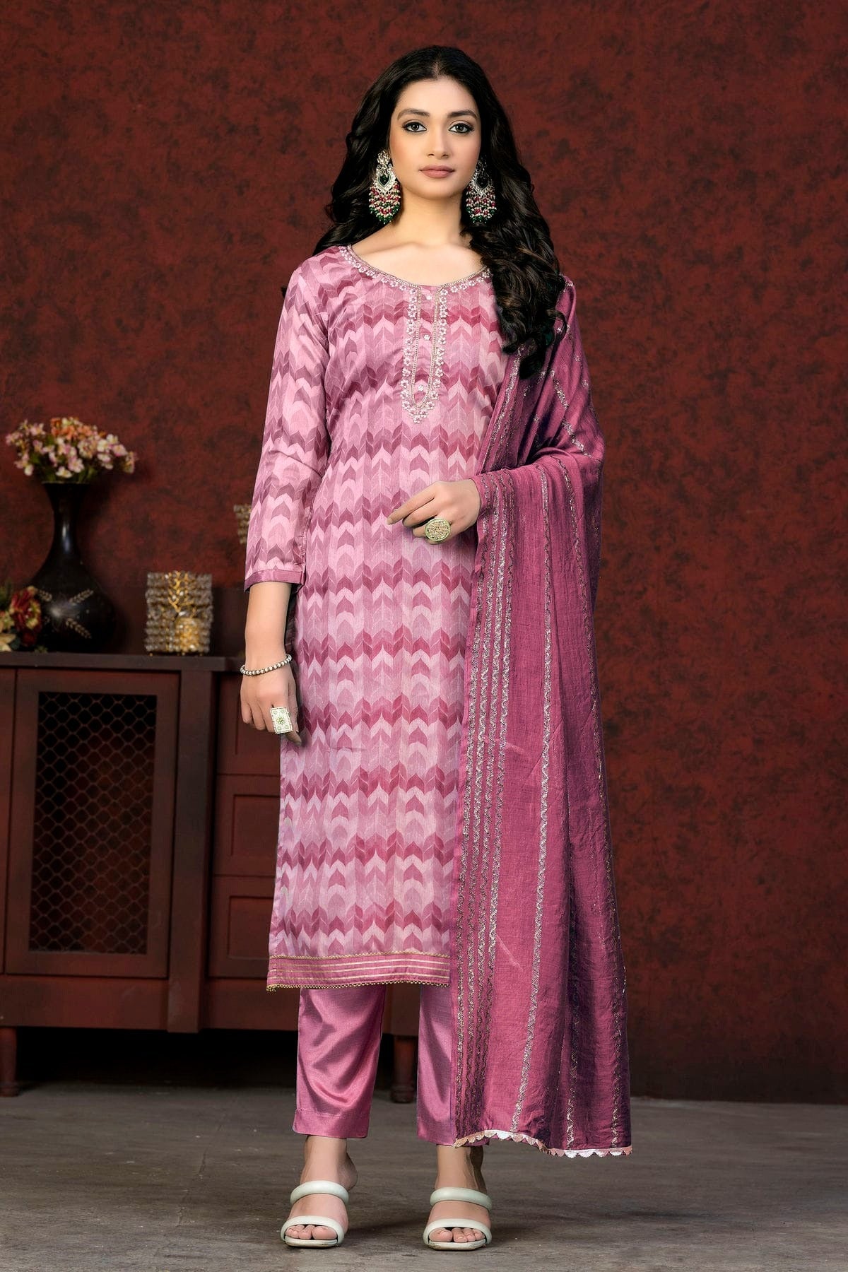 Pink Colour Unstitched Modal Cotton Pant Style Suit US1161375