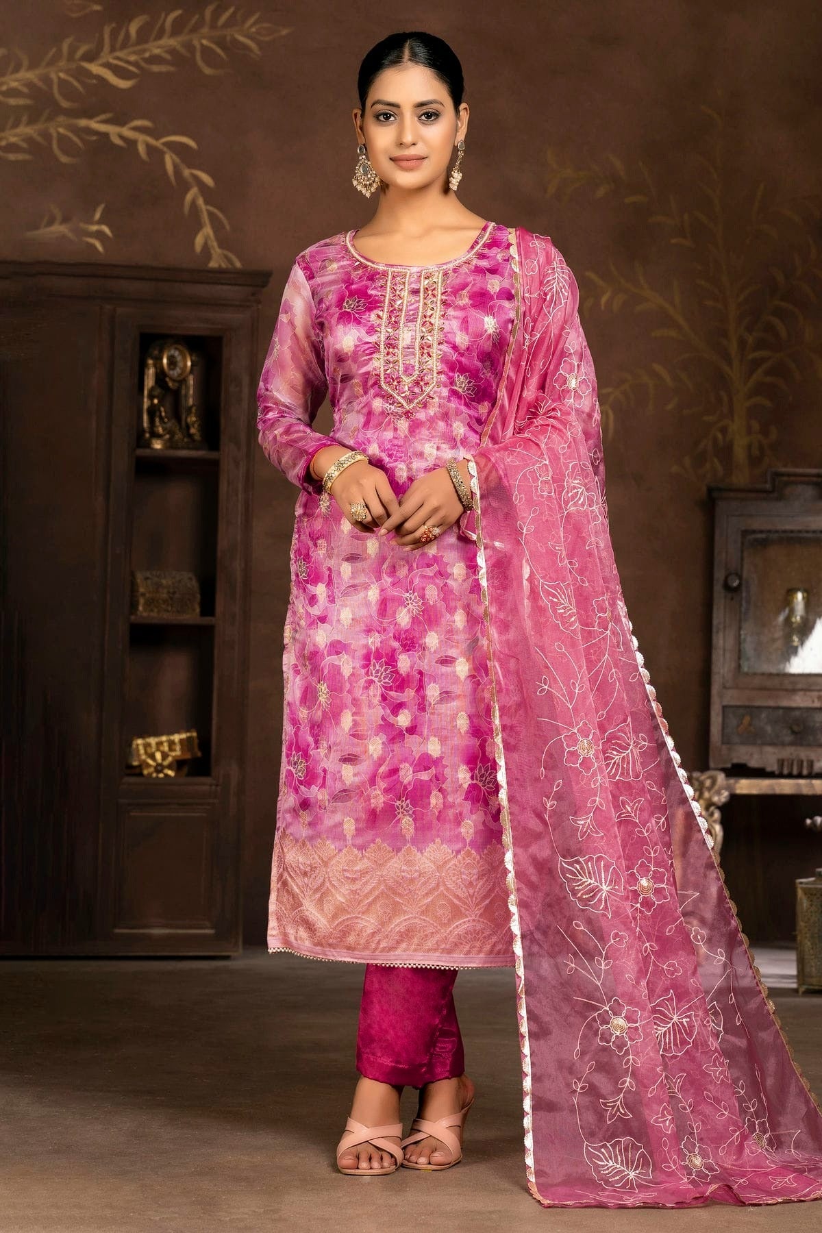 Pink Colour Unstitched Organza Banarasi Jacquard Pant Style Suit US1161286