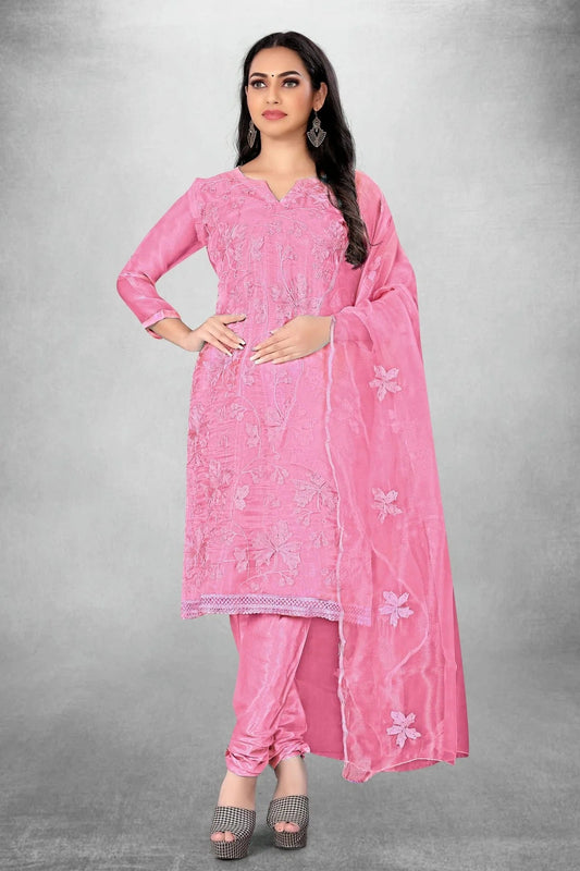 Pink Colour Unstitched Organza Churidar Suit US1160781