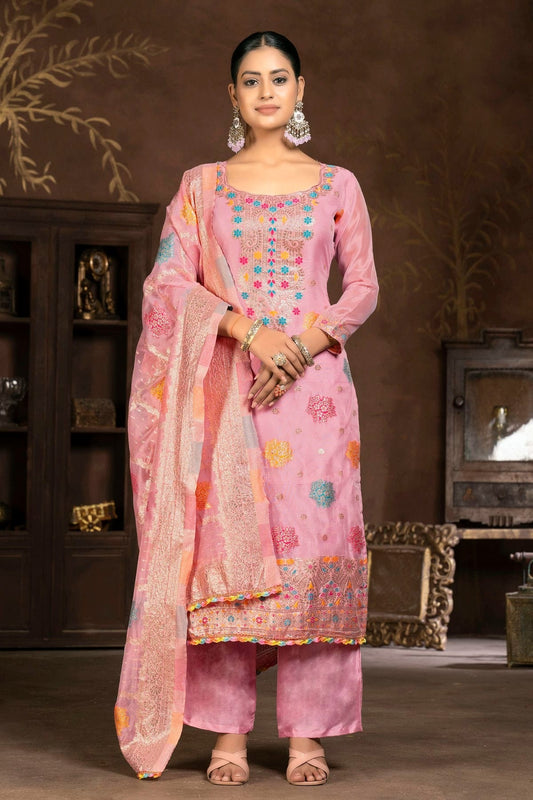 Pink Colour Unstitched Organza Jacquard Plazzo Pant Suit US1160842