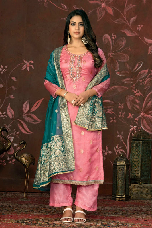 Pink Colour Unstitched Organza Jacquard Straight Suit US1161267