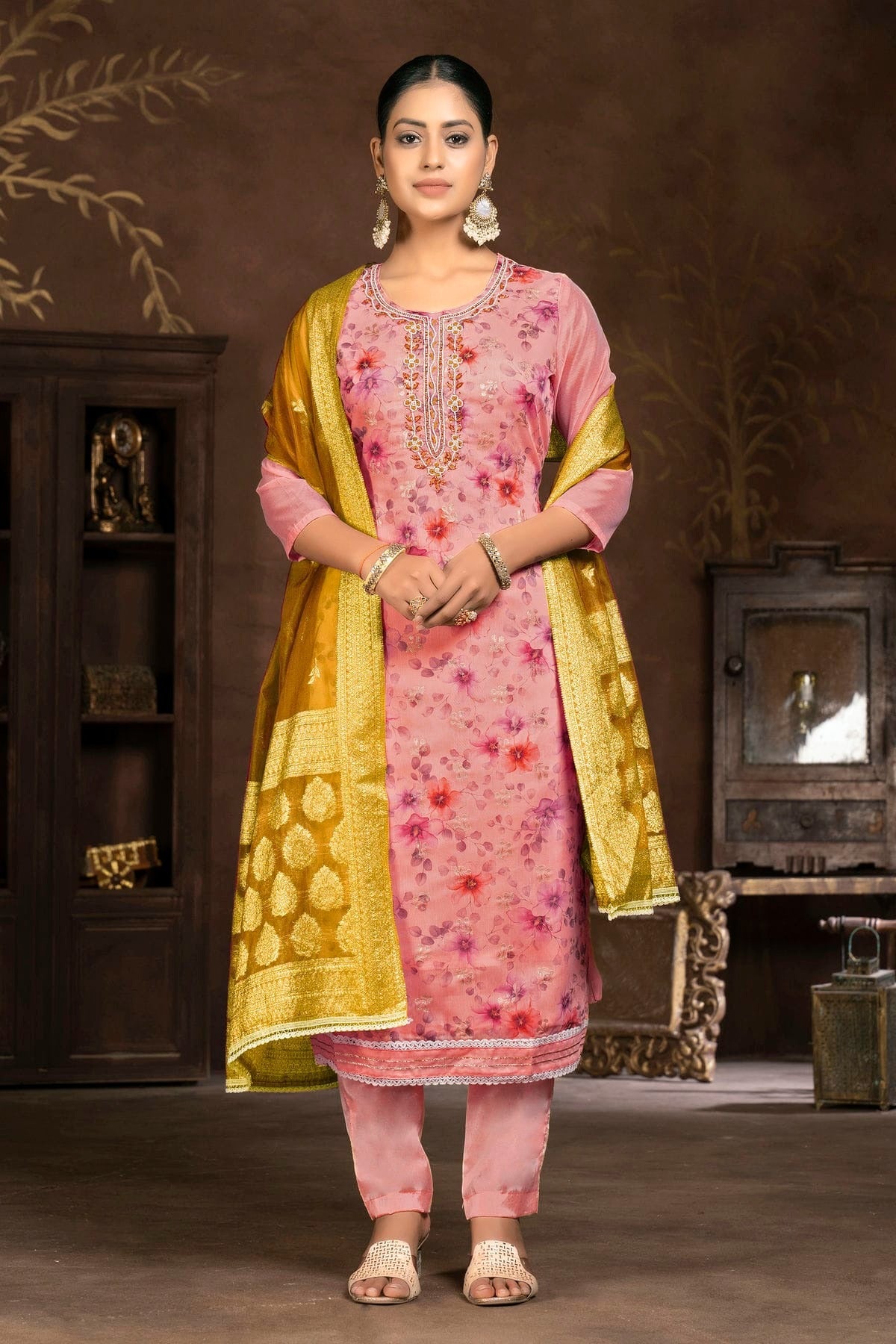 Pink Colour Unstitched Organza Pant Style Suit US1160838