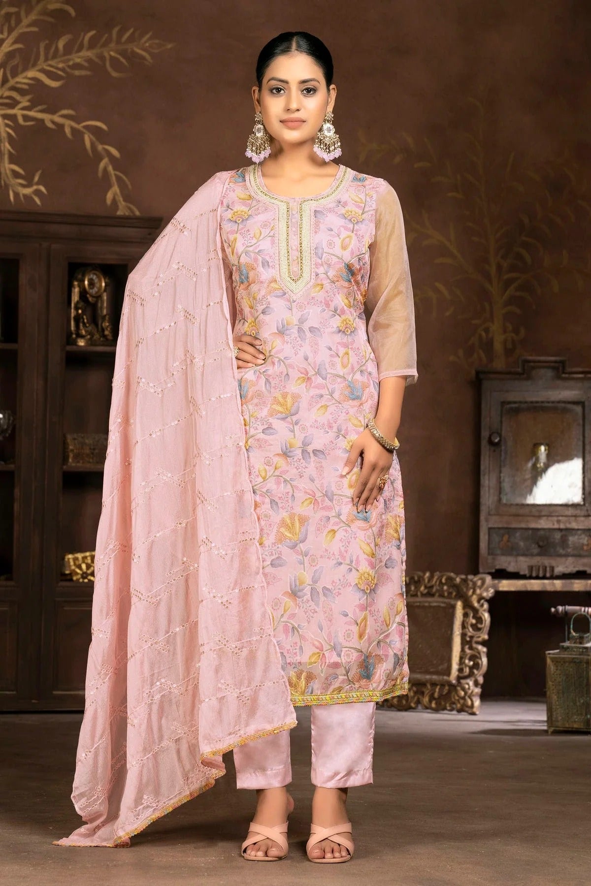 Pink Colour Unstitched Organza Pant Style Suit US1161337