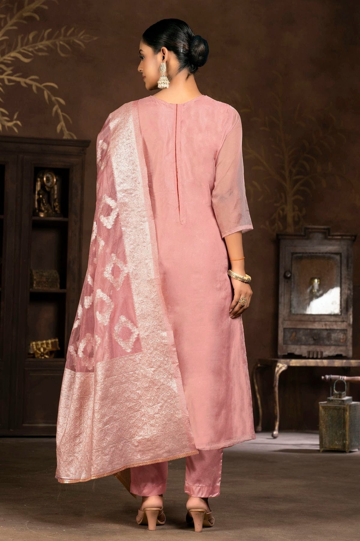 Pink Colour Unstitched Organza Pant Style Suit US1161344 A