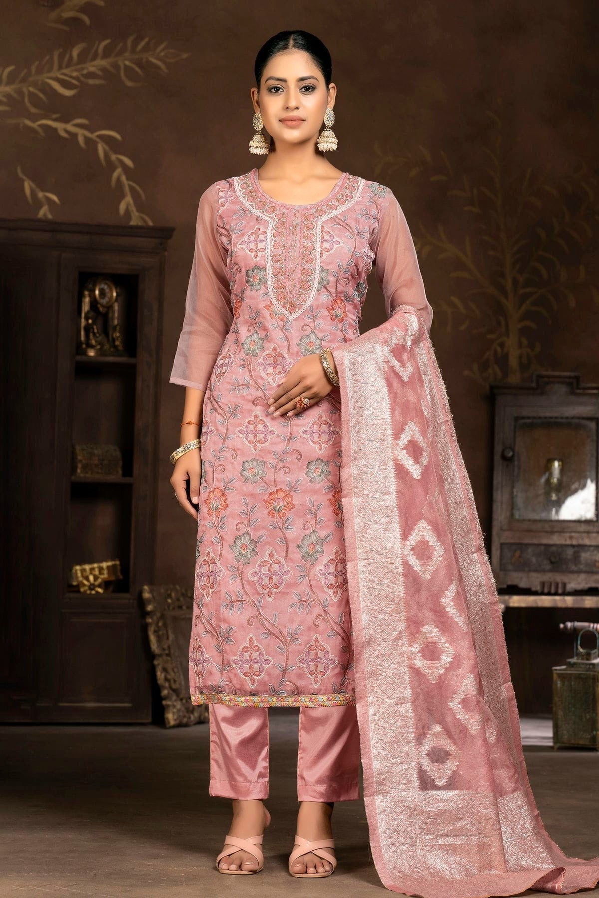 Pink Colour Unstitched Organza Pant Style Suit US1161344