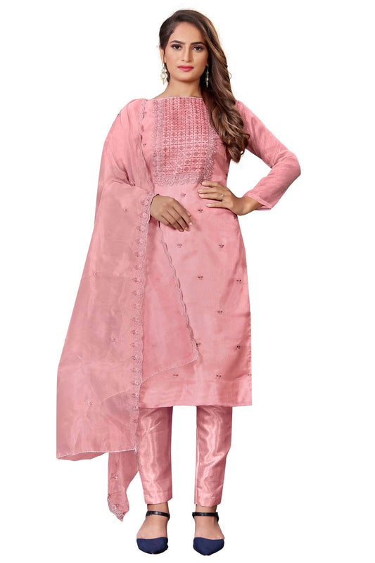 Pink Colour Unstitched Organza Straight Suit US1160658