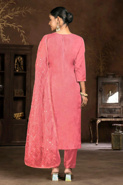Pink Colour Unstitched Pure Organza Pant Style Suit US1161354 A