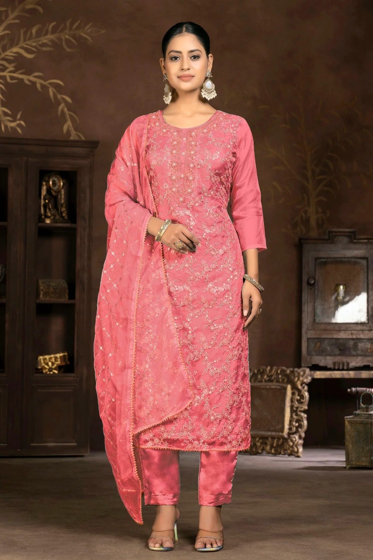 Pink Colour Unstitched Pure Organza Pant Style Suit US1161354