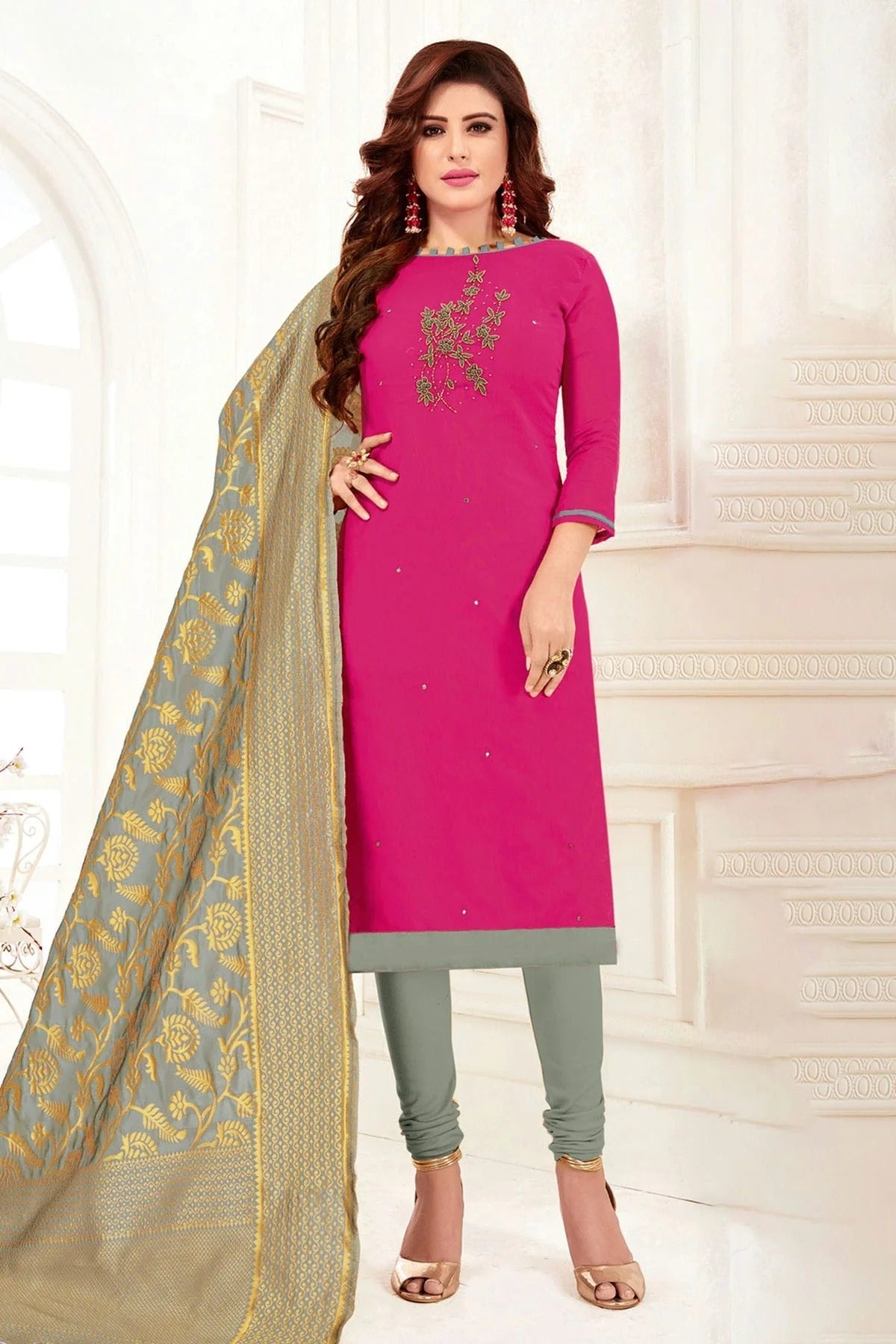 Pink Colour Unstitched Slub Cotton Churidar Suit US1161215