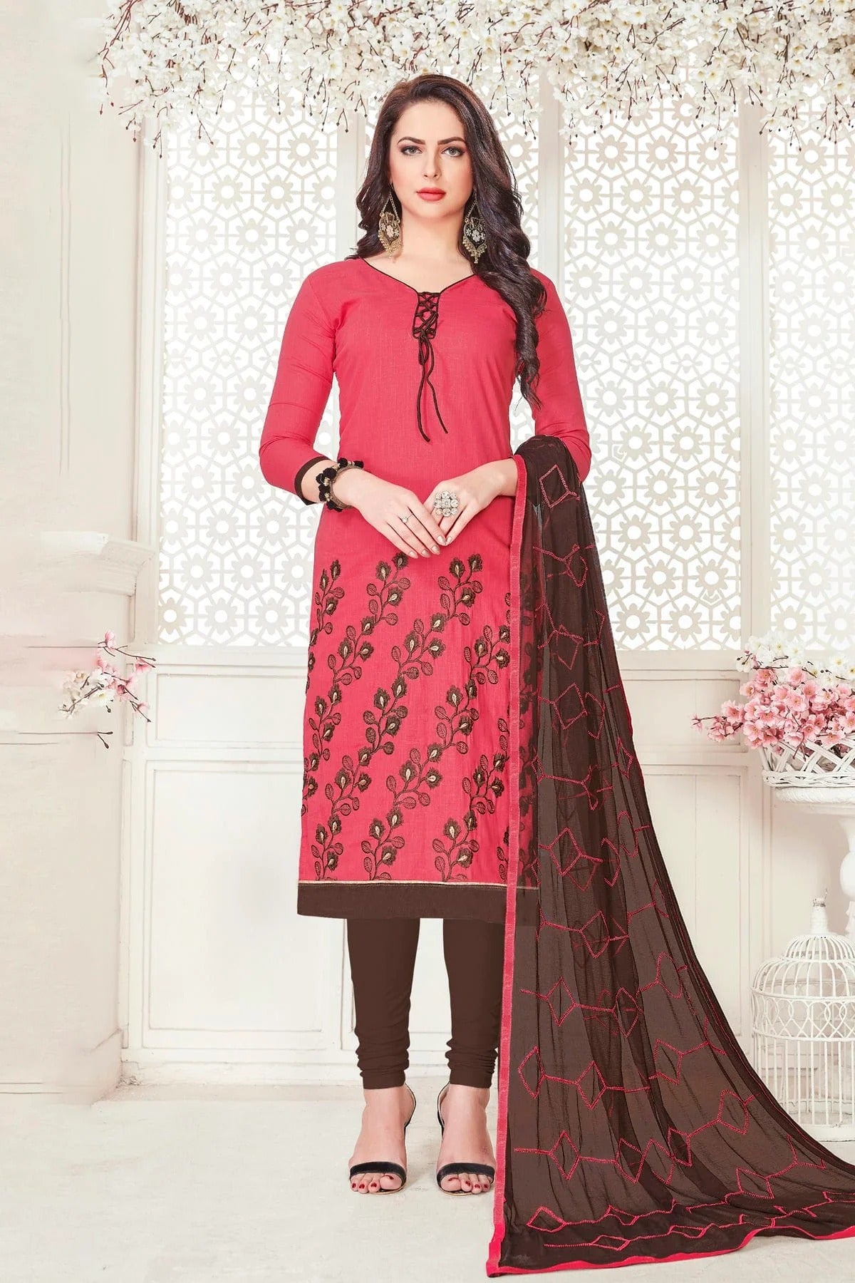 Pink Colour Unstitched South Cotton Slub Churidar Suit US1161123