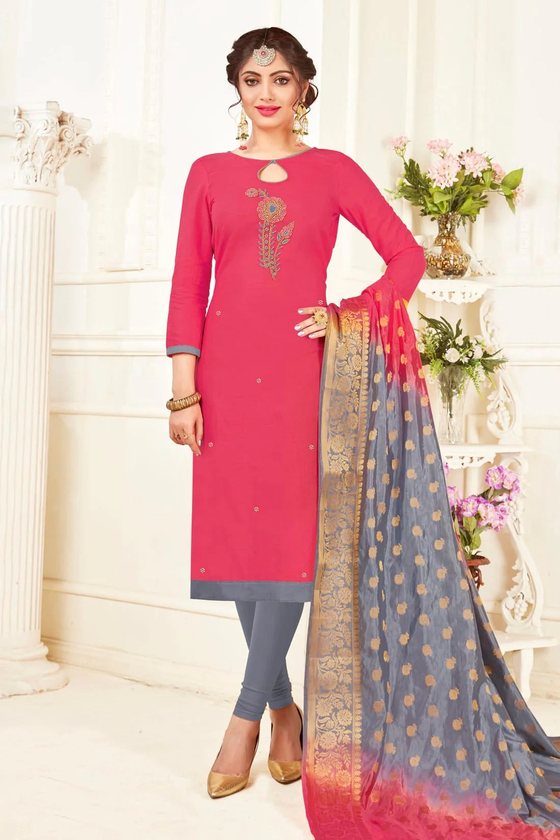 Pink Colour Unstitched South Slub Cotton Straight Suit US1161155
