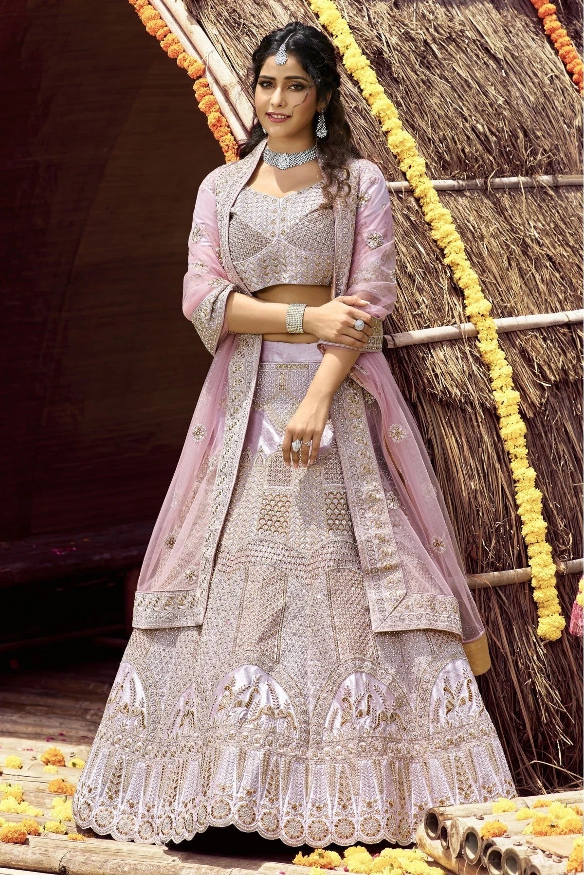 Pink Colour Velvet Embroidery Bridal Lehenga Choli LC1080083