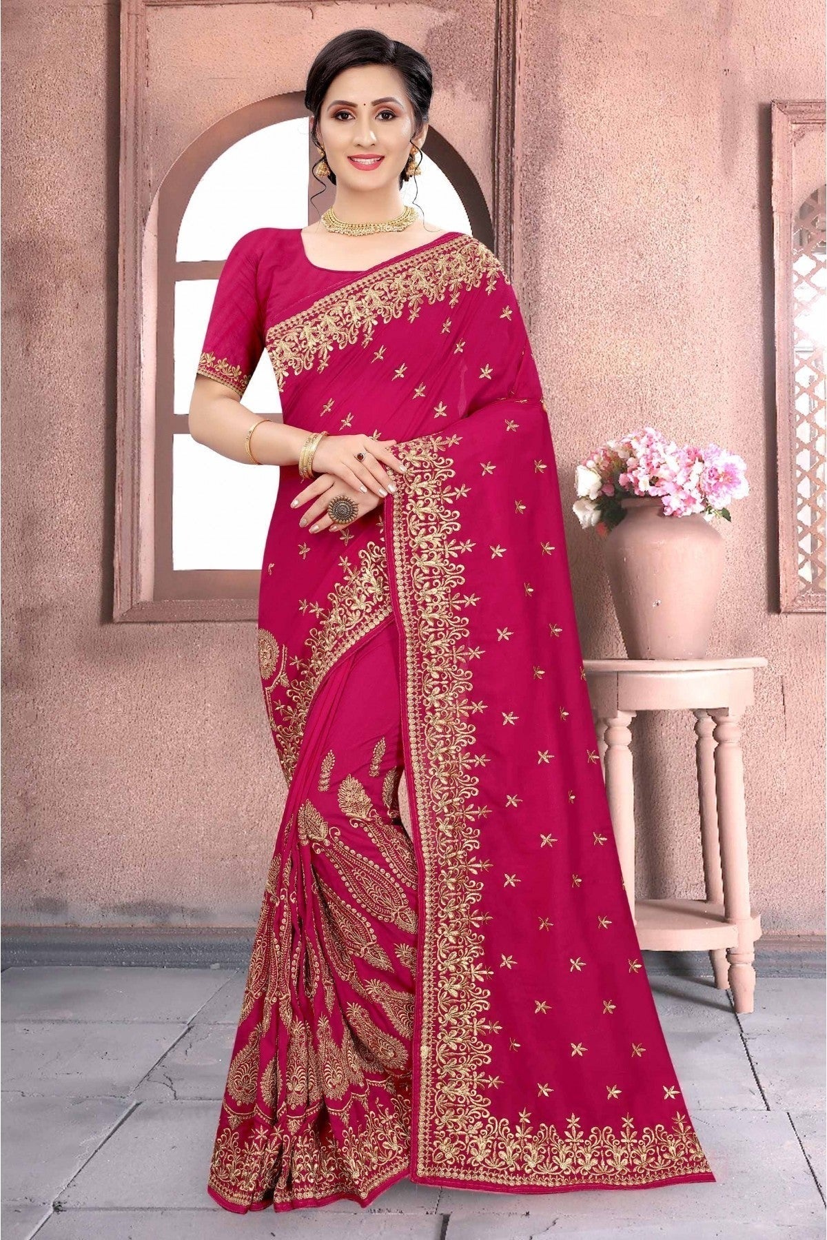 Pink Colour Vichitra Silk Embroidery Saree SD1120159