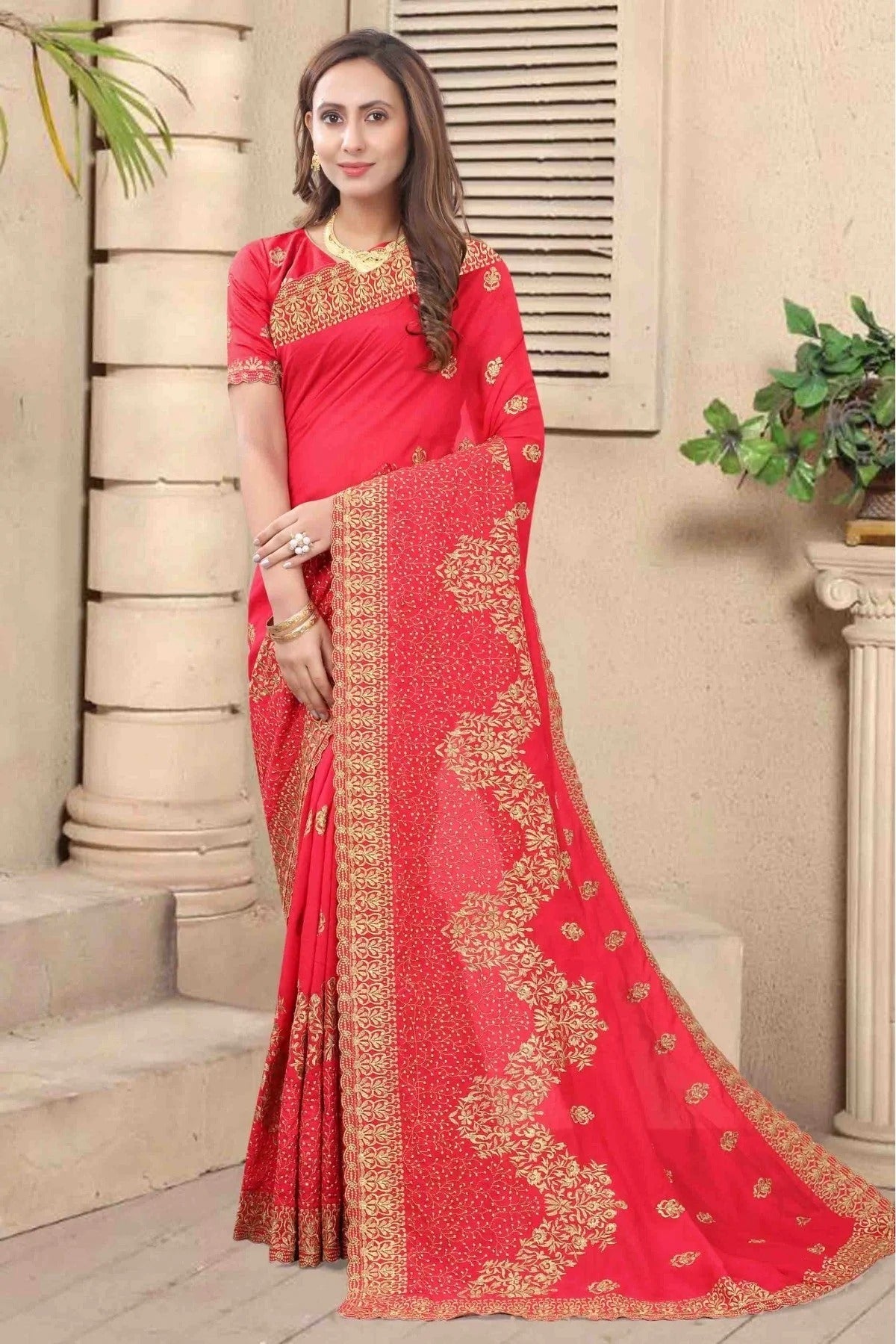 Pink Colour Vichitra Silk Embroidery Saree SD1120683