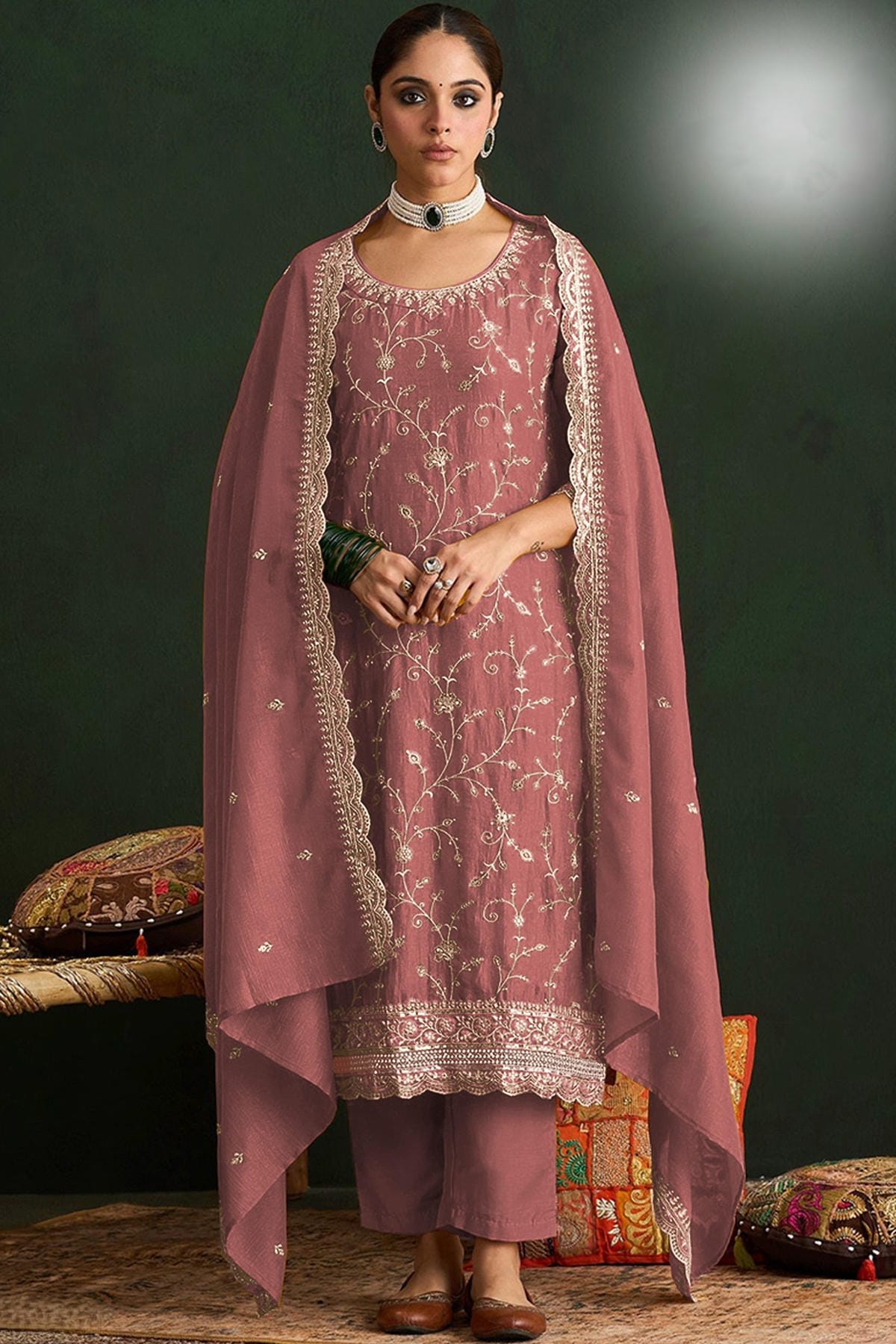 Pink Colour Vichitra Silk Embroidery Work Pant Style Suit