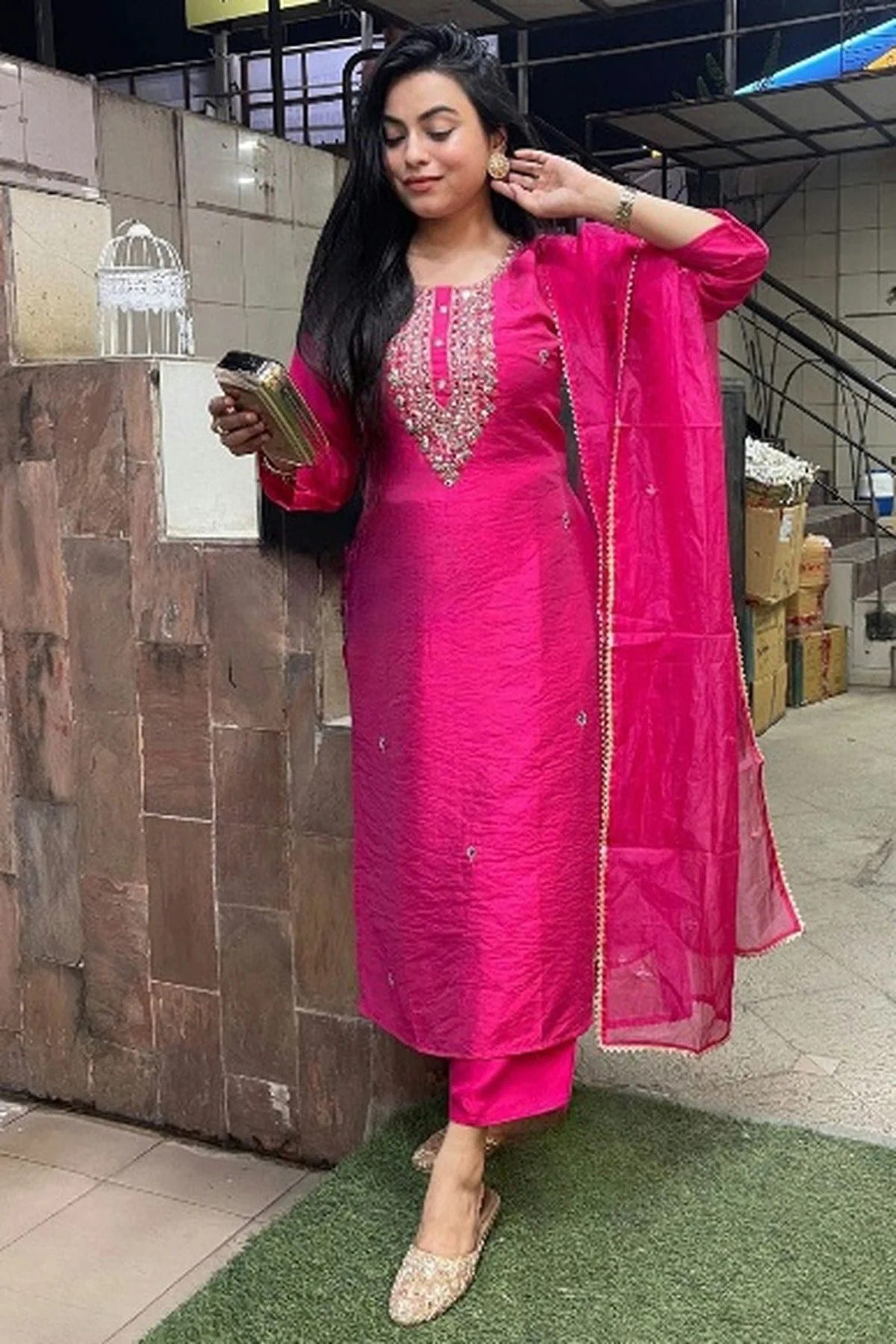 Pink Colour Viscose Chanderi Stitched Salwar Suit SS1112028