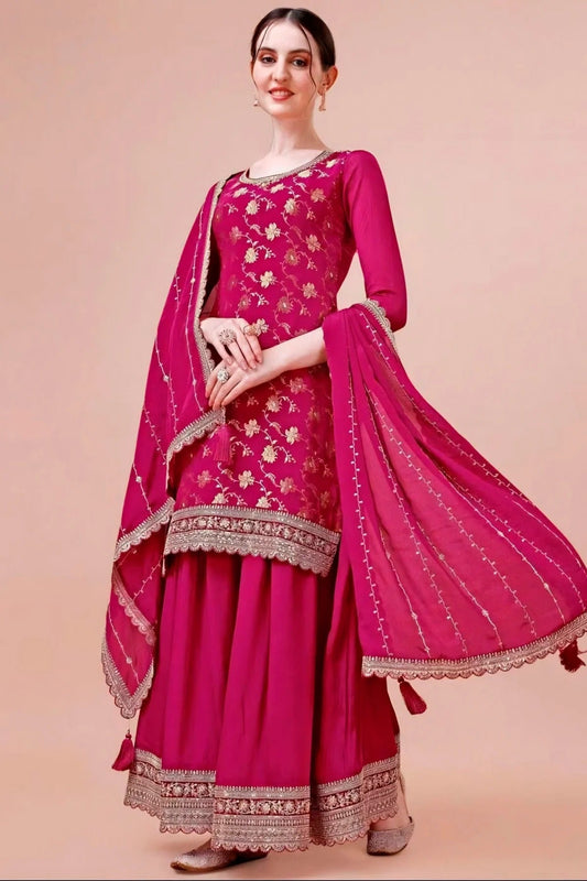Pink Colour Viscose Chinon Sharara Suit SM1110725