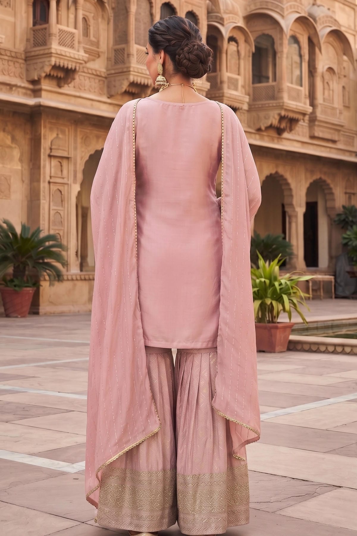 Pink Colour Viscose Embroidery Work Palazzo Pant Suit
