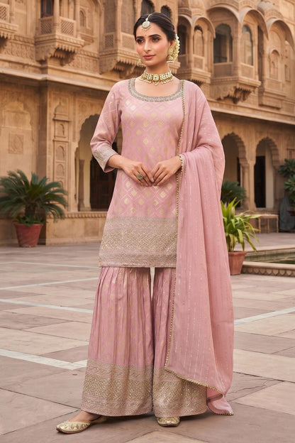 Pink Colour Viscose Embroidery Work Palazzo Pant Suit