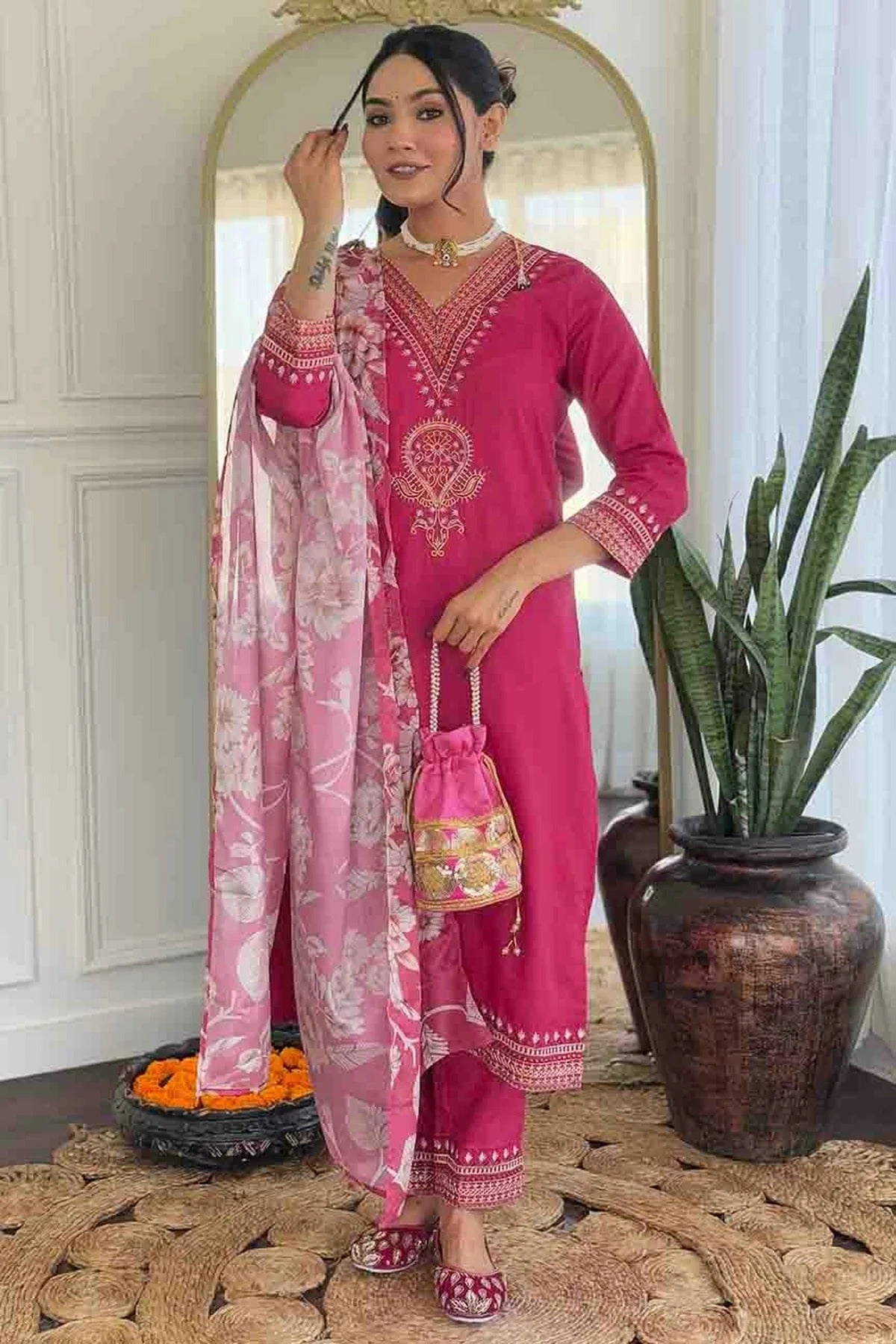 Pink Colour Viscose Rayon Stitched Suit SS1113299