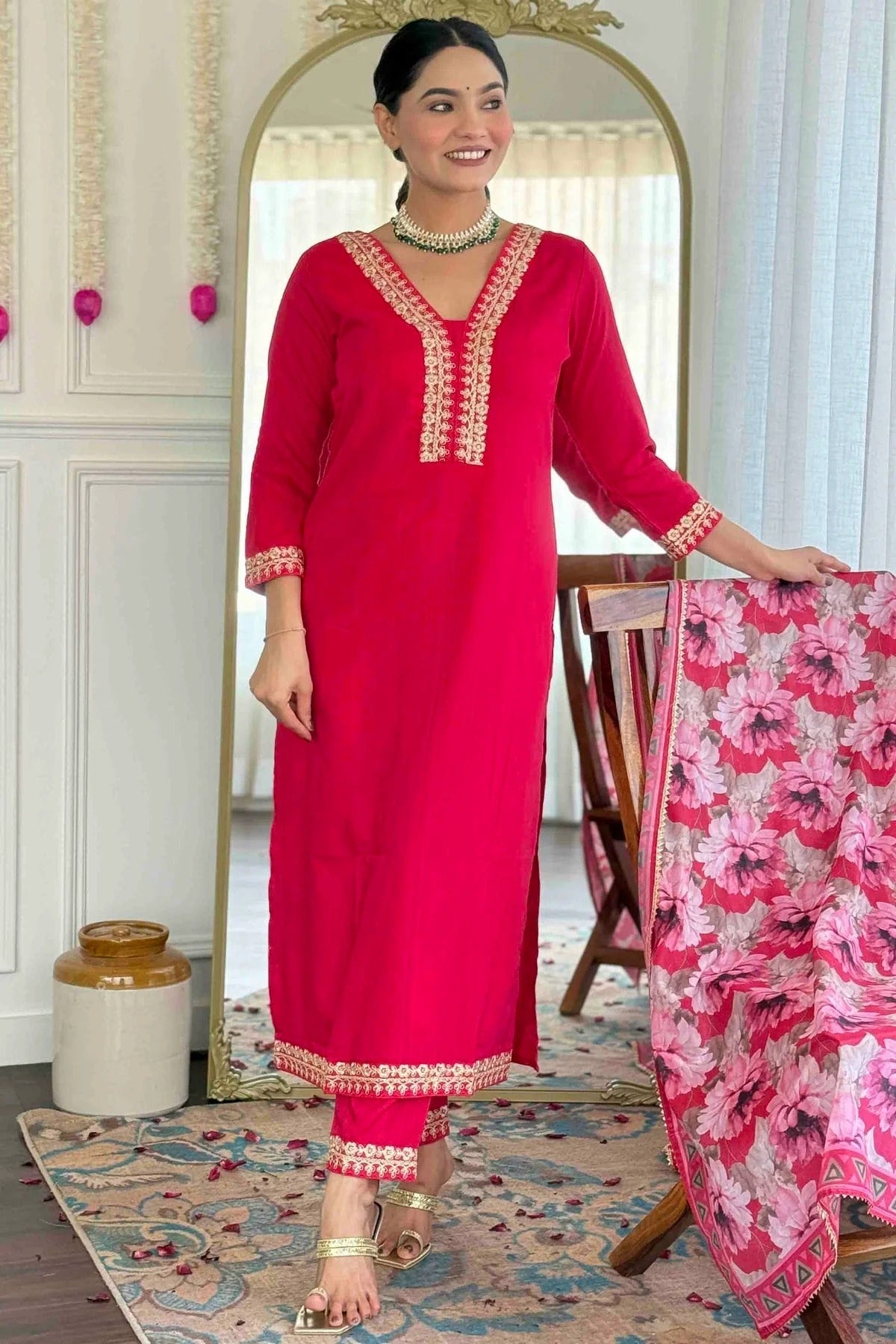 Pink Colour Viscose Slub Stitched Suit SS1112888