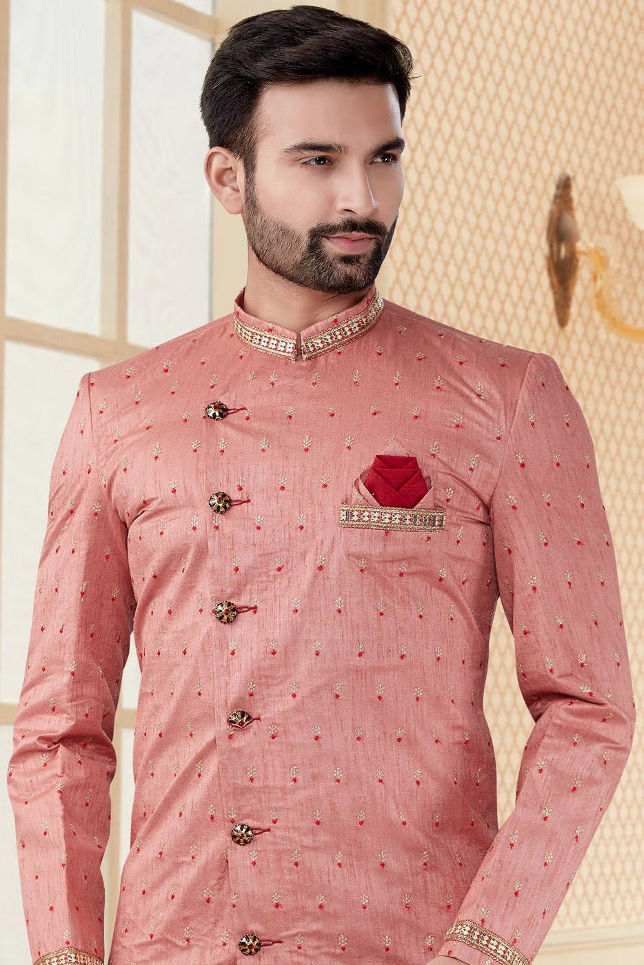 Pink Peach Colour Jacquard Sherwani SH1040259 A