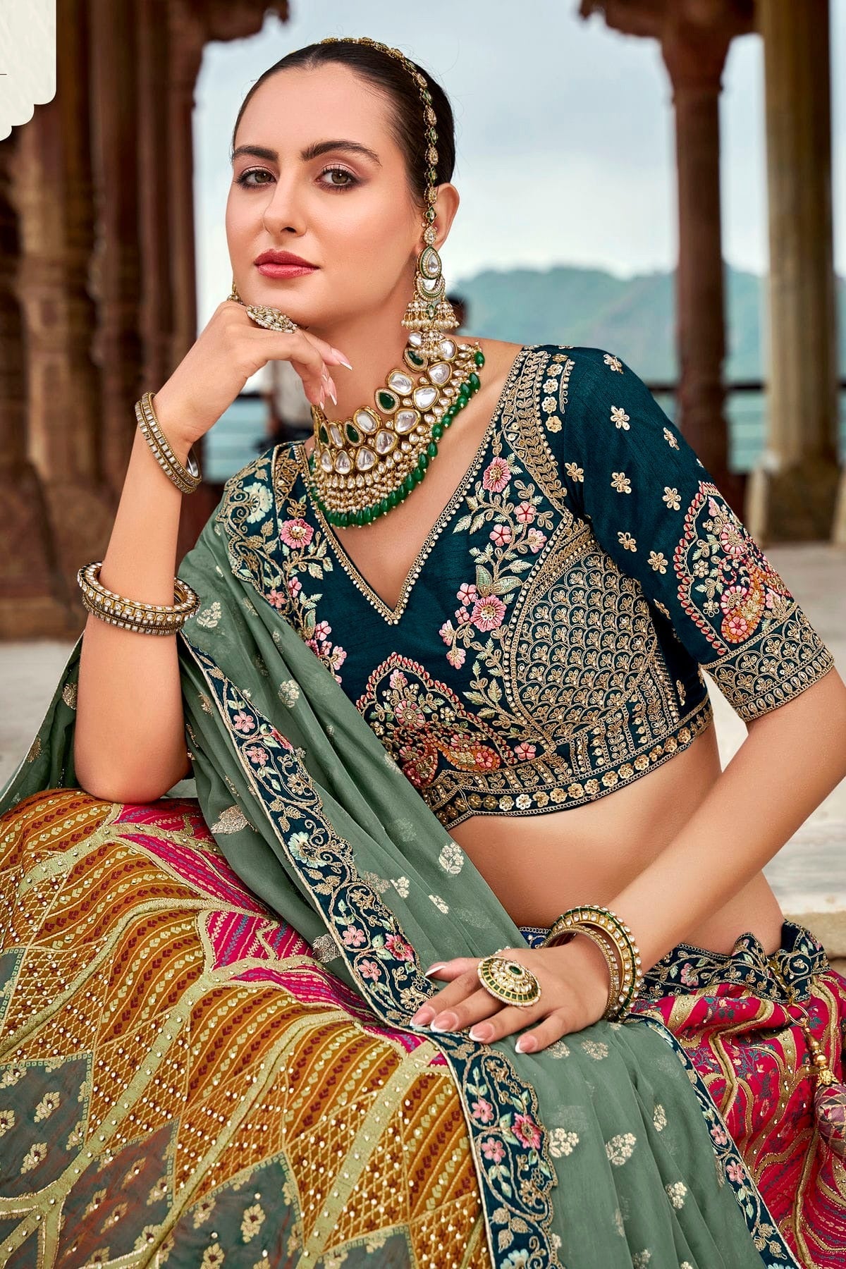Pink and Blue Colour Banarasi Silk Bridal Lehenga Choli LC1290097 A