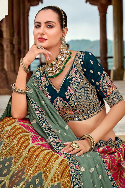 Pink and Blue Colour Banarasi Silk Bridal Lehenga Choli LC1290097 A