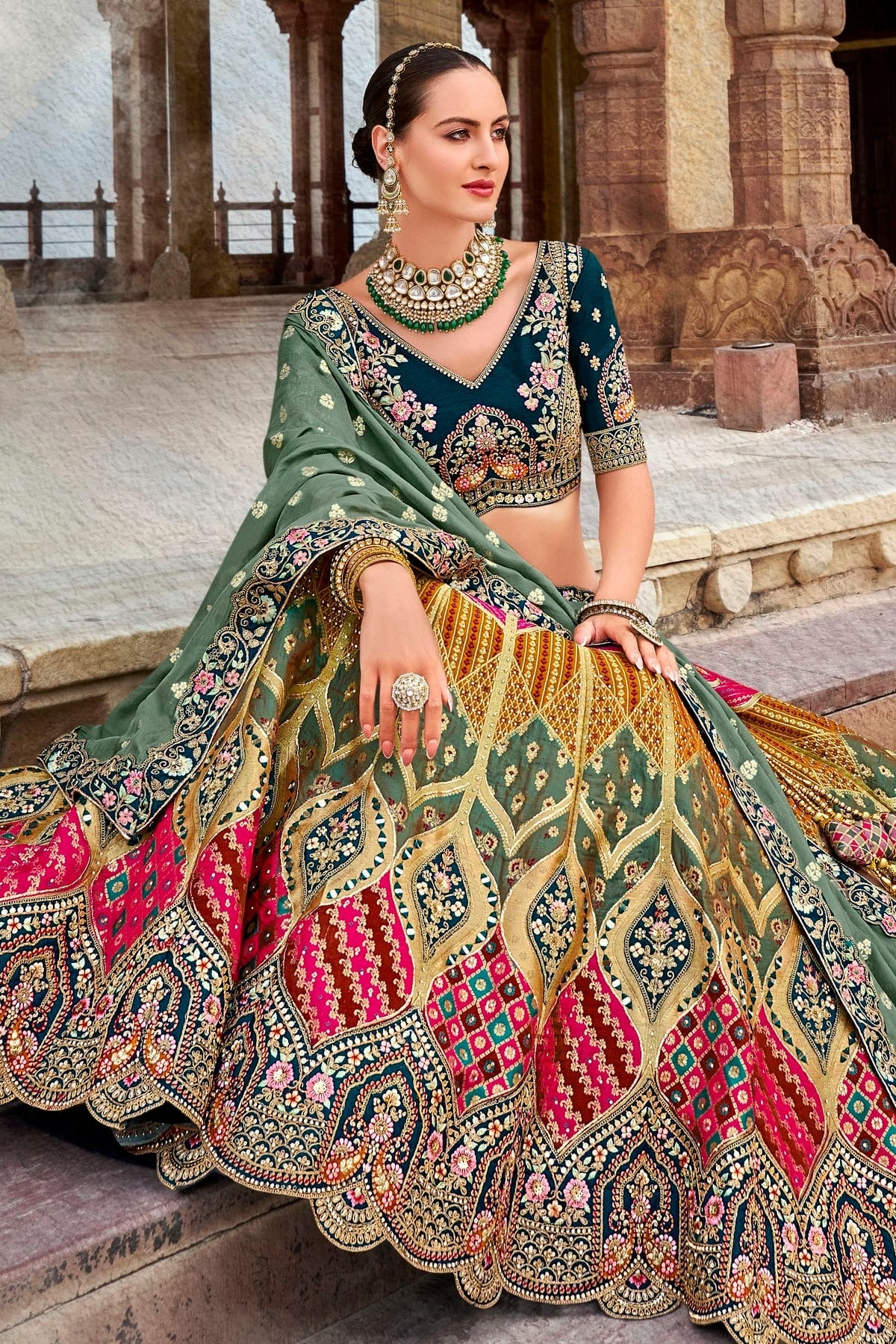 Pink and Blue Colour Banarasi Silk Bridal Lehenga Choli LC1290097 B