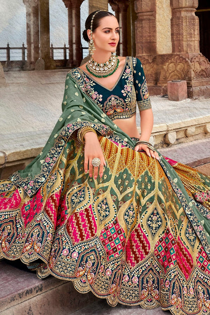Pink and Blue Colour Banarasi Silk Bridal Lehenga Choli LC1290097 B