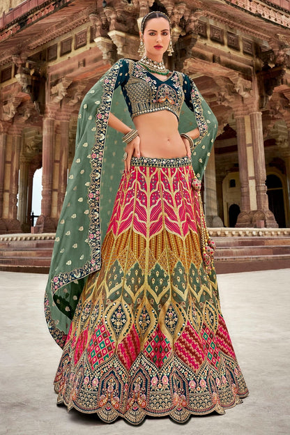 Pink and Blue Colour Banarasi Silk Bridal Lehenga Choli LC1290097