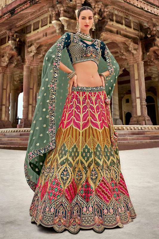 Pink and Blue Colour Banarasi Silk Bridal Lehenga Choli LC1290097