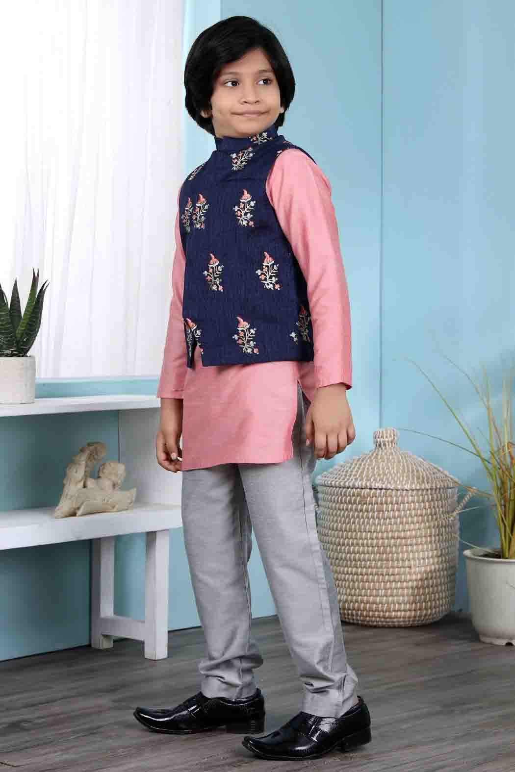 Pink and Blue Colour Cotton Silk Kurta Pajama With Jacket BW1070106 A