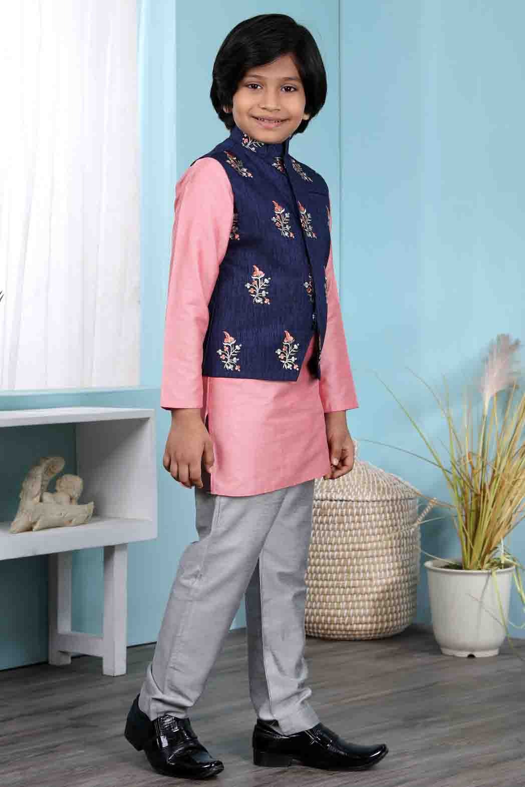 Pink and Blue Colour Cotton Silk Kurta Pajama With Jacket BW1070106 B