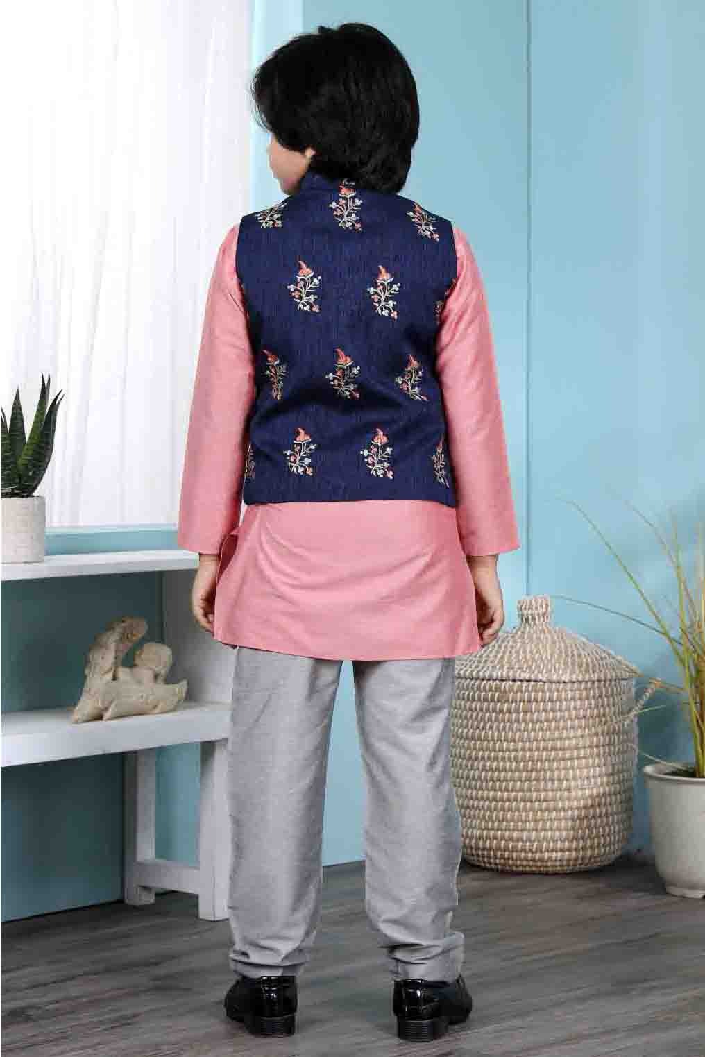 Pink and Blue Colour Cotton Silk Kurta Pajama With Jacket BW1070106 C
