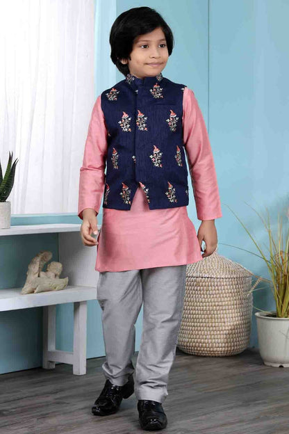 Pink and Blue Colour Cotton Silk Kurta Pajama With Jacket BW1070106
