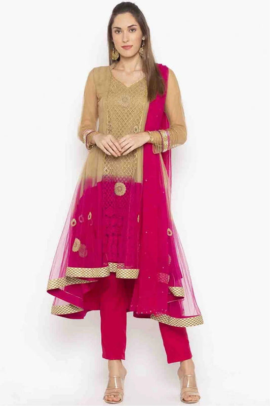 Pink and Brown Colour Plus Size Stitched Net Embroidery Pant Style Suit BW1070187