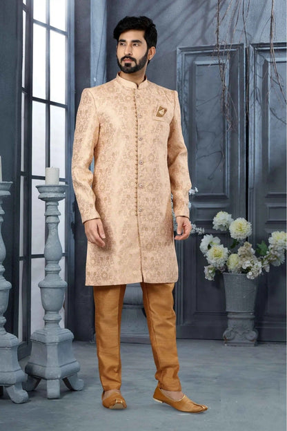 Pink and Cream Colour Jacquard Woven Sherwani SH1040319