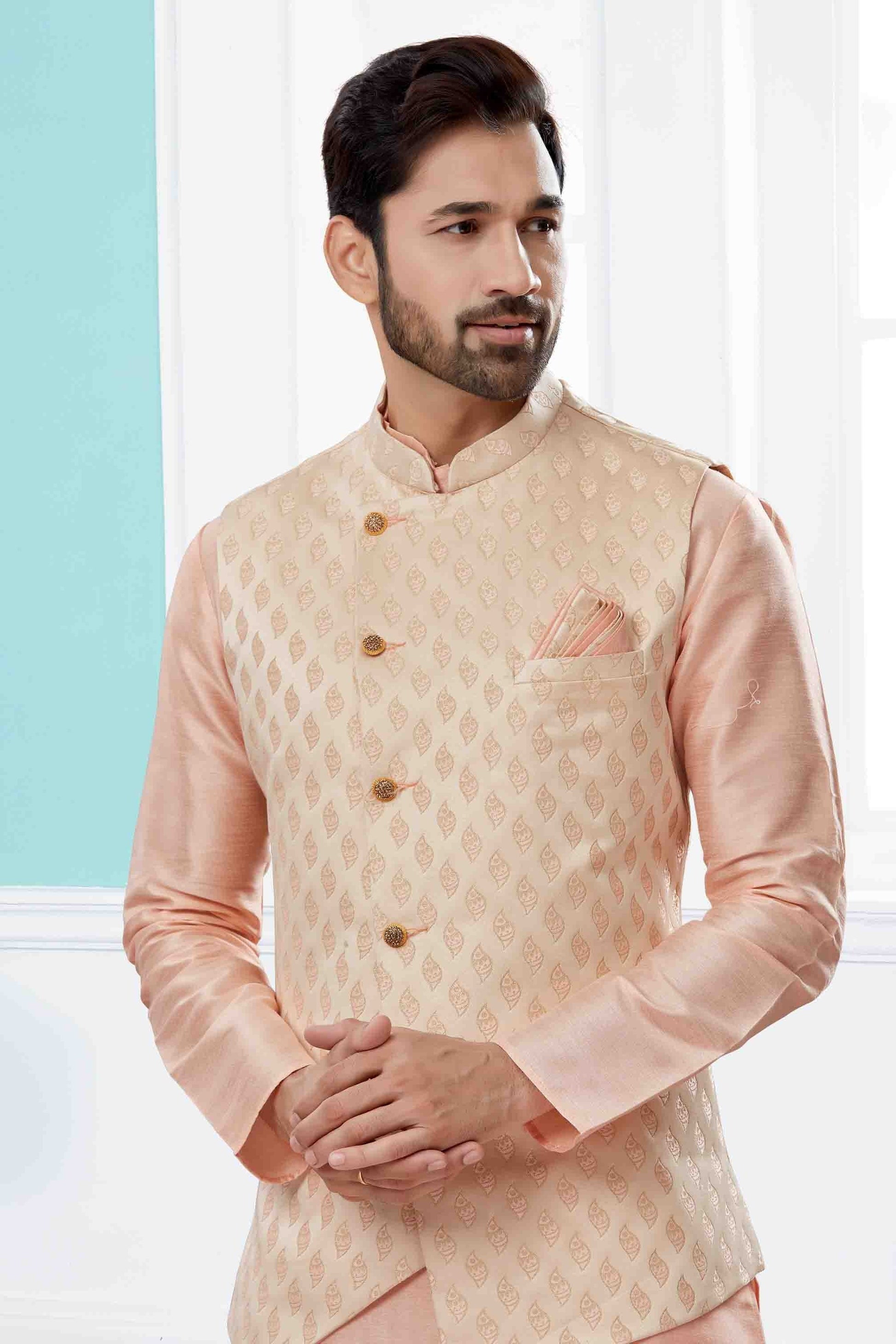 Pink and Cream Colour Kurta Pajama With Jacket In Silk Dupion Fabric KP1040456 A