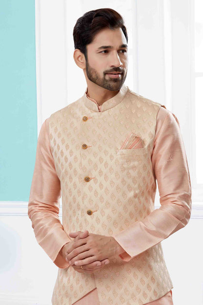 Pink and Cream Colour Kurta Pajama With Jacket In Silk Dupion Fabric KP1040456 A