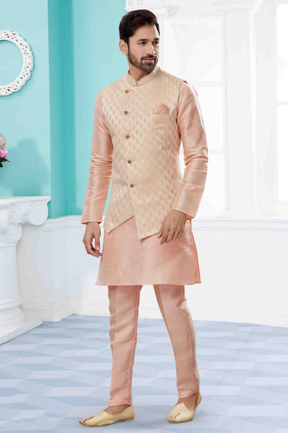 Pink and Cream Colour Kurta Pajama With Jacket In Silk Dupion Fabric KP1040456