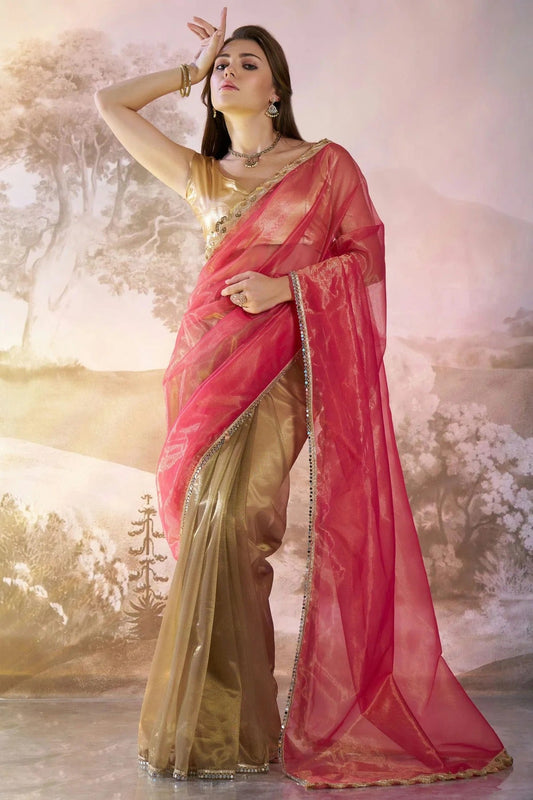 Pink and Gold Colour Twill Net Saree SD1112737
